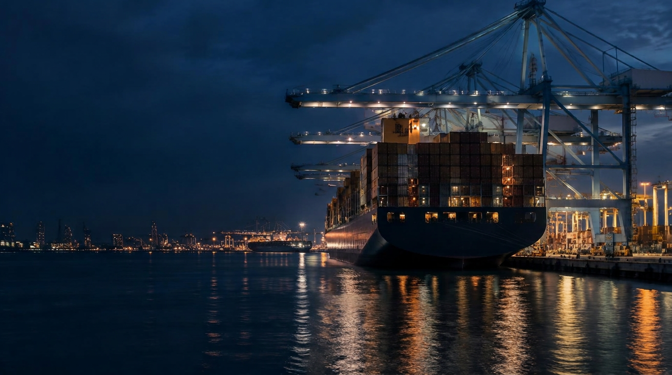 Container ship berthed at an illuminated port terminal at night